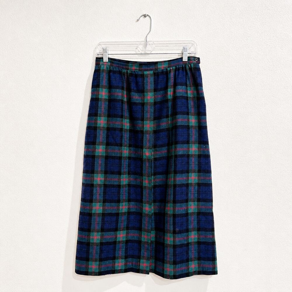Pendleton Blue Green Plaid 100% Virgin Wool Vintage Midi Skirt Sz S